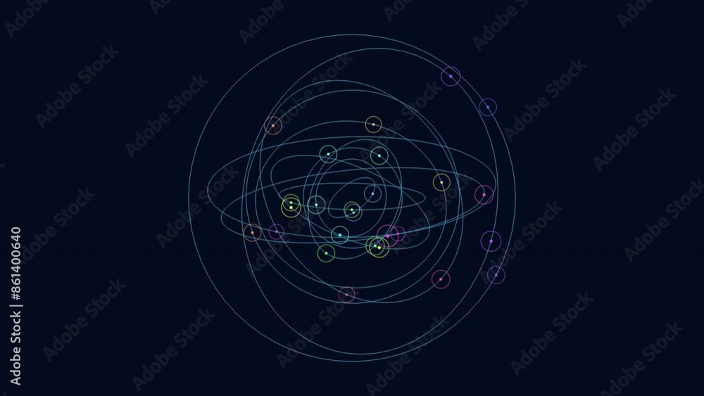 An intricate network of interconnected circles is depicted in this image, arranged in a circular pattern against a black background. Some circles contain dots, suggesting a complex system