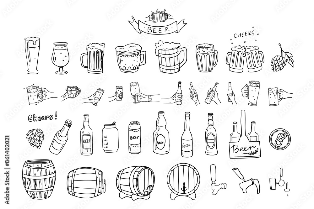 Obraz premium Big set of beer, glass of beer, mug with beer, barrel. Hands with a bottle of beer and a beer glass. Cheers. Alcoholic drinks. Great for bar menu design, packaging, pub. Hand drawn. Doodle style.