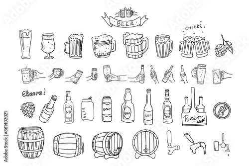 Big set of beer, glass of beer, mug with beer, barrel. Hands with a bottle of beer and a beer glass. Cheers. Alcoholic drinks. Great for bar menu design, packaging, pub. Hand drawn. Doodle style.