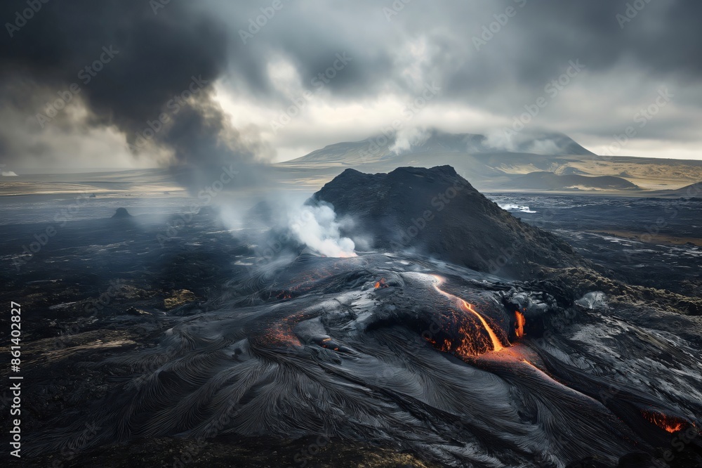 Fototapeta premium Dramatic volcanic landscape erupting with lava flowing down the slopes under a cloudy sky
