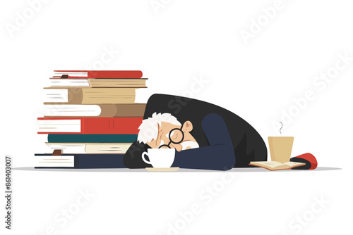 op view of tired old man sleeping near open books wit isolated vector style