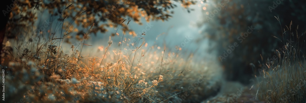Obraz premium soft focus with bokeh morning wildflower field, beautiful nature spring summer field background with copy space