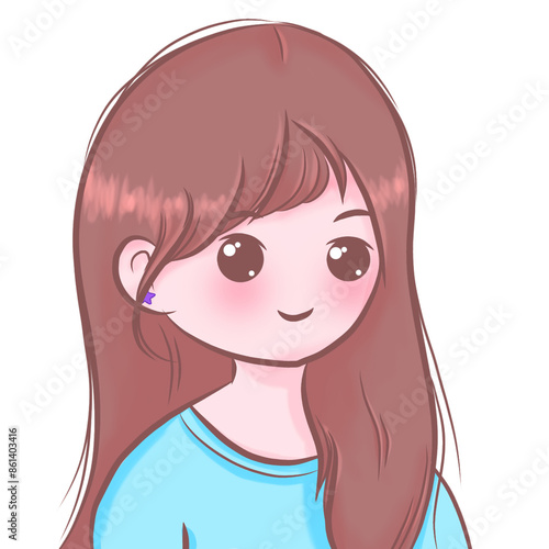 Portrait of a beautiful young girl with long hair wearing a light blue shirt