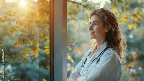 Free Download A doctor stands by a window in a serene setting, gazing outside with a thoughtful expression, as the golden hour sunlight filters through the foliage, creating a warm atmosphere. - GFXLoad