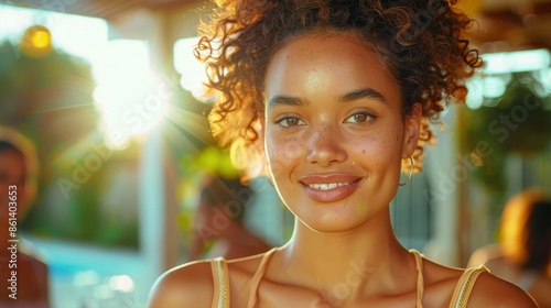 A smiling woman with curly hair stands outdoors in the summer sunlight, radiating joy and warmth, with a beautifully blurred background enhancing the vibrant mood.