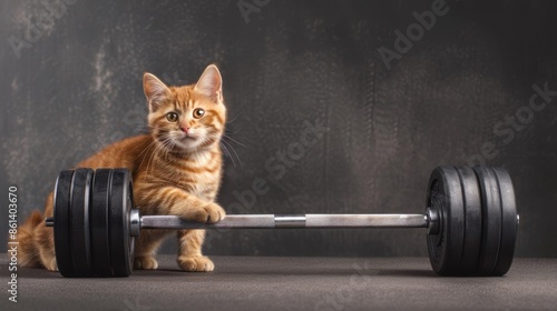 Chubby feline attempting to lift a large barbell, humorous workout scene, animal gym motivation photo