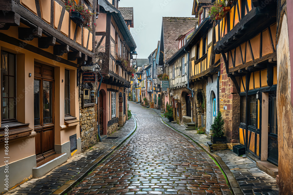 Fototapeta premium Charming cobblestone street is winding between historic half timbered houses in a European town