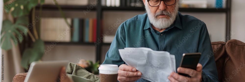 Elderly man enjoying coffee while reading newspapers and using phone at home, representing a balanced and relaxed modern lifestyle. Elderly man enjoying coffee while reading newspapers and using phone at home, representing a balanced and relaxed modern lifestyle.