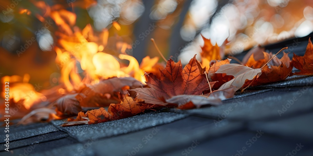 Leaves in Roof Gutters Igniting Emphasizing Fire Prevention Urgency. Concept Roof Maintenance, Fire Prevention, Leaves in Gutters, Ignition Hazard, Urgency Leaves in Roof Gutters Igniting Emphasizing Fire Prevention Urgency. Concept Roof Maintenance, Fire Prevention, Leaves in Gutters, Ignition Hazard, Urgency