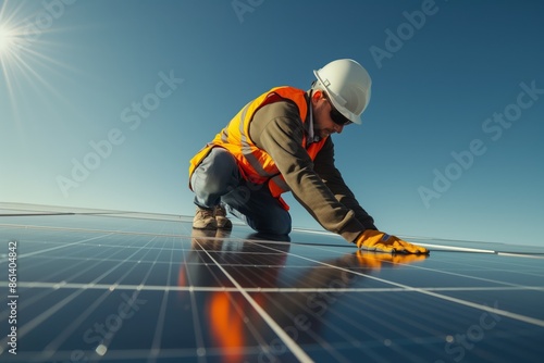 Solar Panel Installation by Professional Engineer Under Bright Sun, Renewable Energy