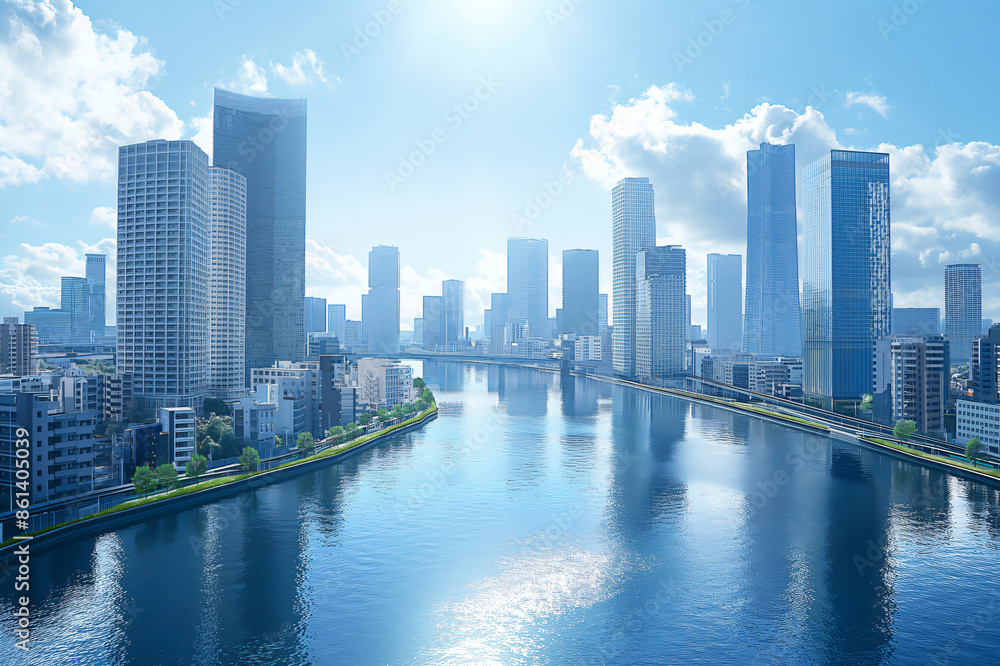 Fototapeta premium Beautiful cityscape with modern corporate buildings reflecting on a river in japan on a sunny day