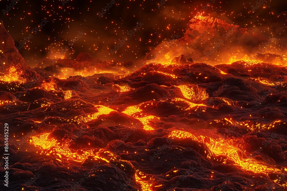 Fototapeta premium Dramatic and detailed depiction of a fiery lava field, with glowing molten lava and scattered sparks, Concept of extreme heat and volcanic landscapes.