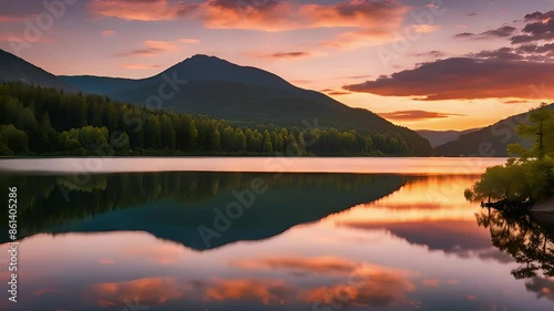 Wallpaper Mural Mountain views and sunsets reflected on calm river. Picturesque scene background video Torontodigital.ca