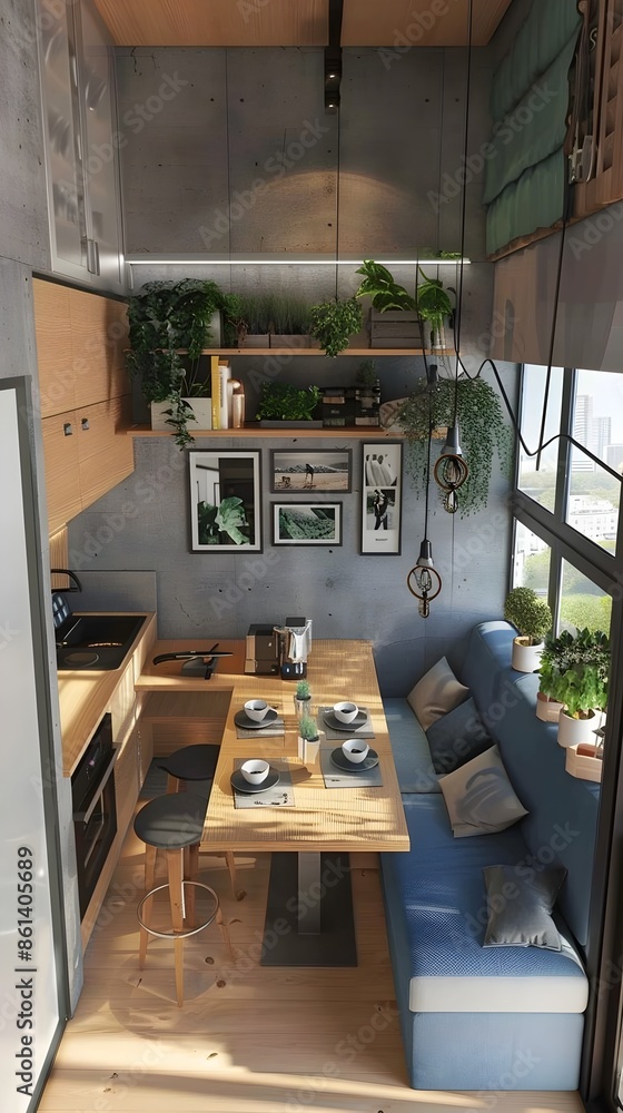 Stylish Loft-Style Kitchen-Living Room with Functional Built-In Furniture and Scenic Balcony Stylish Loft-Style Kitchen-Living Room with Functional Built-In Furniture and Scenic Balcony
