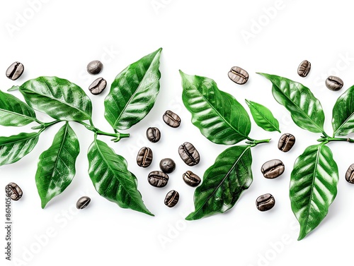 Artistic rendering of Coffea canephora leaves and beans, isolated on white, abstract style photo
