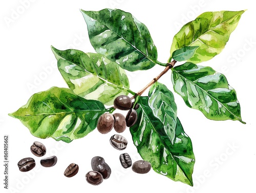 Artistic rendering of Coffea canephora leaves and beans, isolated on white, abstract style photo