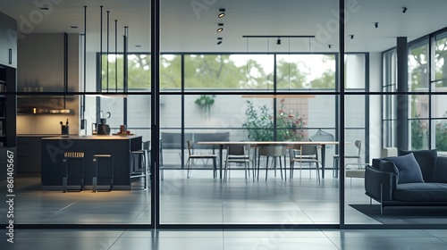 Minimalist Glass Sliding Door Connecting Sleek Kitchen and Living Room in 16K HD