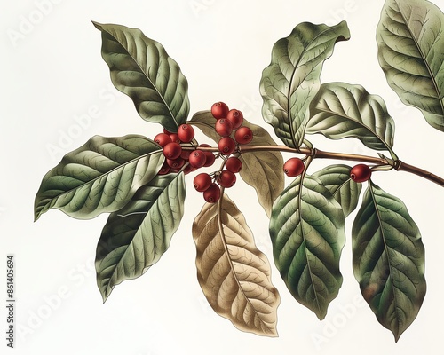 Botanical illustration of Coffea canephora, detailed view of leaves and berries, white background photo