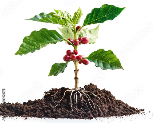 Coffee plant with roots and berries, showing soil layers, isolated on white, educational style