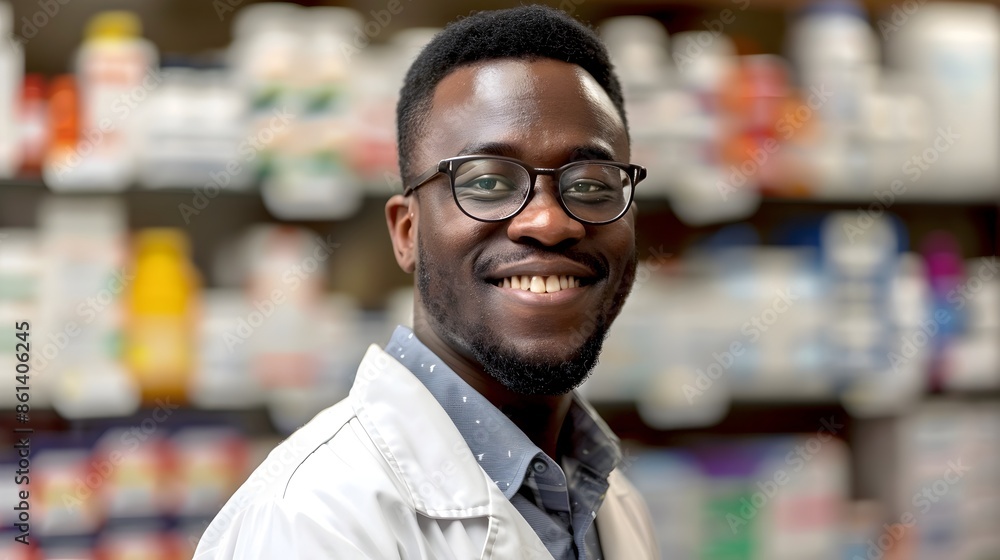 Friendly Dark-Skinned Male Pharmacist Smiling at Retail Store Friendly Dark-Skinned Male Pharmacist Smiling at Retail Store