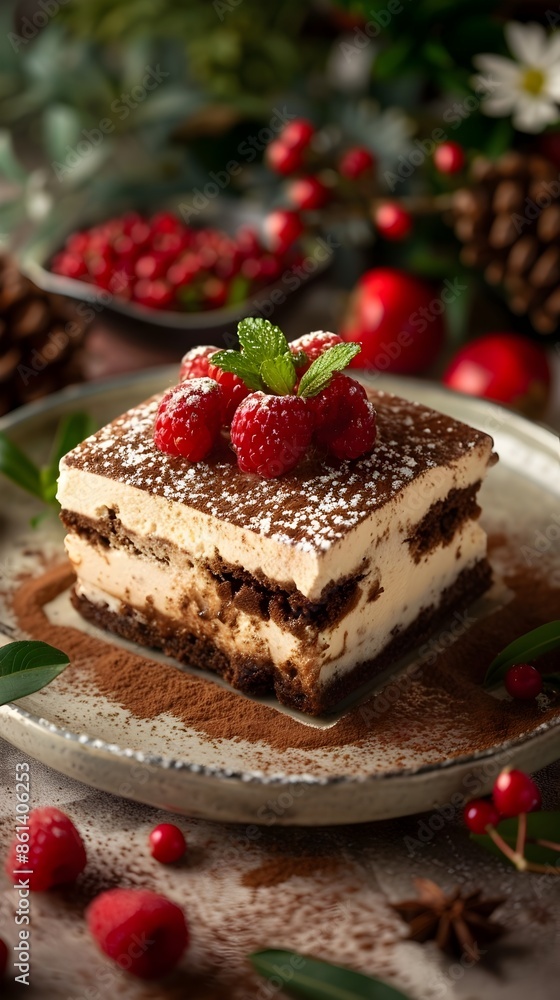 Homemade Chocolate Tiramisu Dessert with Fresh Berries on Green Red and White Background Homemade Chocolate Tiramisu Dessert with Fresh Berries on Green Red and White Background