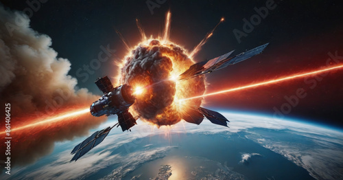 Satellite explosion scene in Earth orbit. photo