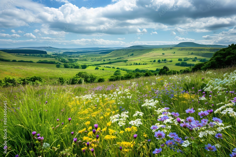 Field of wildflowers is growing in the foreground with rolling green hills in the background under a cloudy sky Field of wildflowers is growing in the foreground with rolling green hills in the background under a cloudy sky