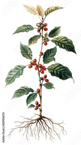 Illustration of Coffea canephora plant showing roots, stems, leaves, and berries, scientific style, white background photo