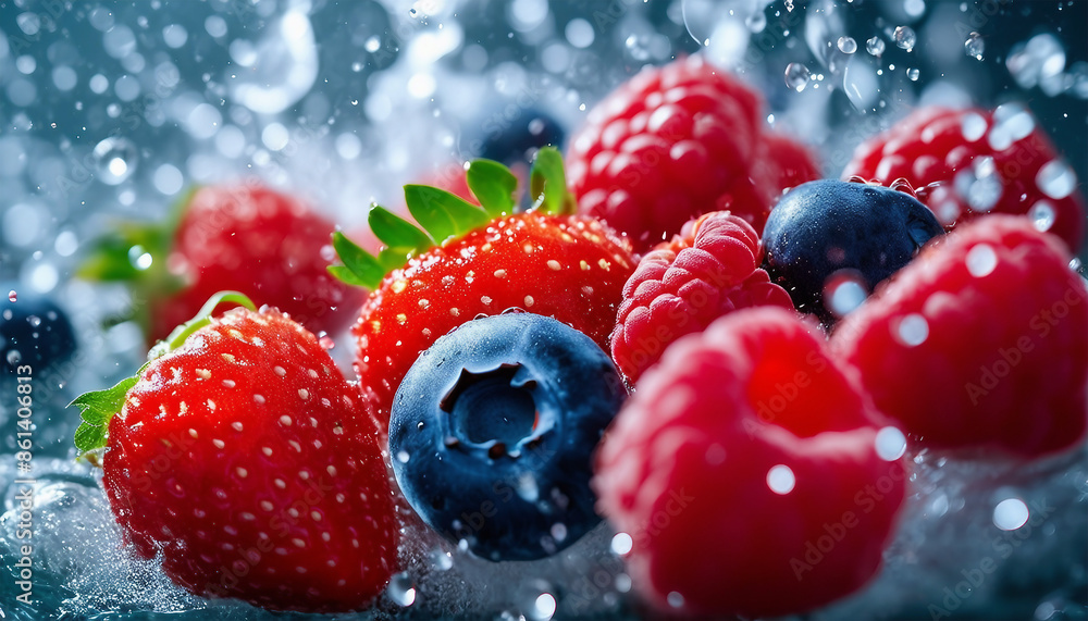 Berries in a splash of water. A bunch of strawberries, raspberries, blueberries fall into the water Berries in a splash of water. A bunch of strawberries, raspberries, blueberries fall into the water