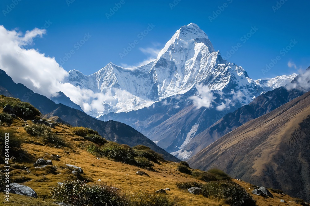 Breathtaking view of a majestic snow capped mountain dominating the landscape, showcasing the awe inspiring beauty of nature Breathtaking view of a majestic snow capped mountain dominating the landscape, showcasing the awe inspiring beauty of nature