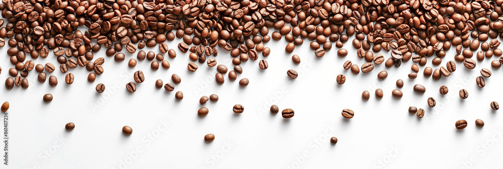 Naklejka premium A banner with scattered coffee beans on a white background. A banner for a coffee shop, coffee shop, cafe.