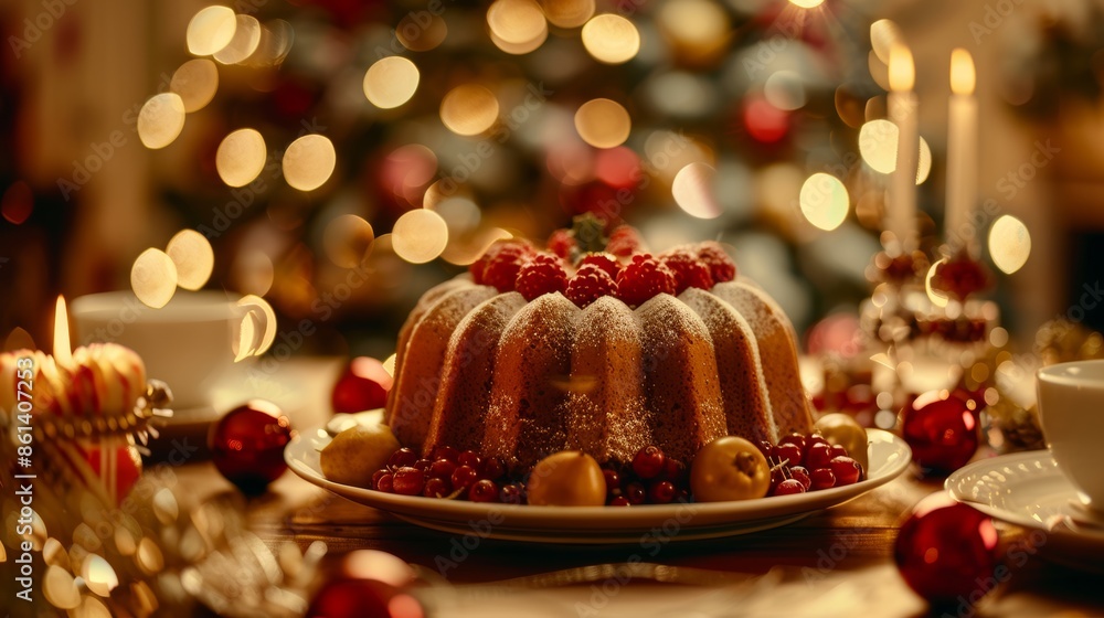 Close up of christmas cake and assorted fruits on a beautifully decorated festive table