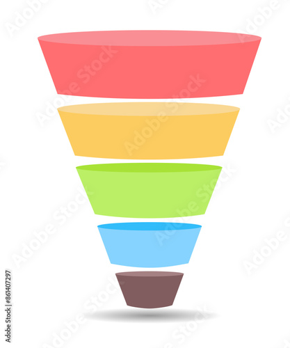 A marketing funnel, pyramid, or sales conversion cone. 5 steps. Infographics in flat design style. 3-part lead generation template. Vector illustration. Eps10	