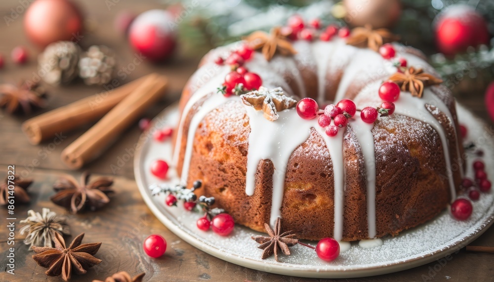 Festive table setting with christmas cake and assorted ripe fresh fruits in close up view Festive table setting with christmas cake and assorted ripe fresh fruits in close up view