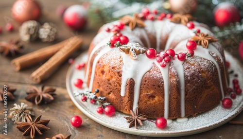 Festive table setting with christmas cake and assorted ripe fresh fruits in close up view