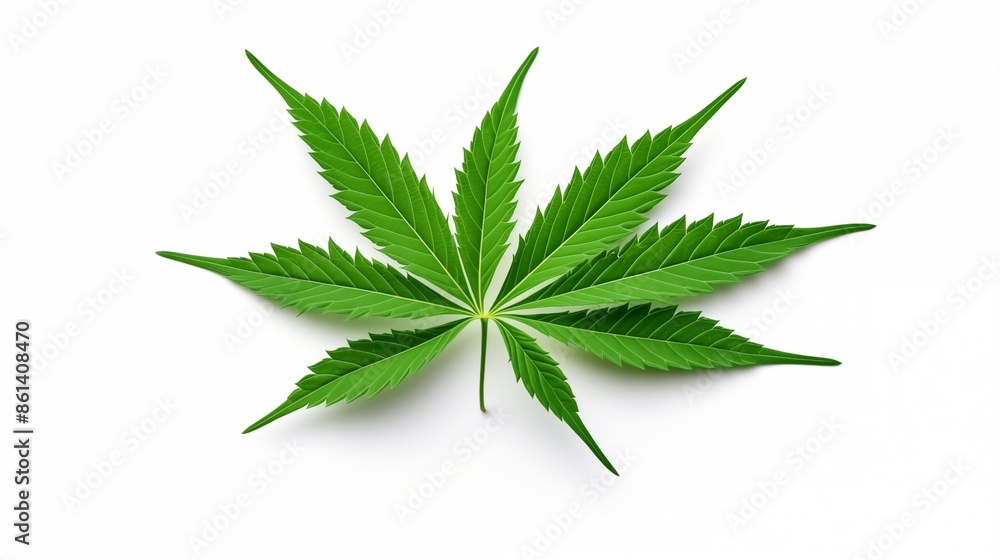 A green leaf of cannabis inflorescence isolate on a white background. A green leaf of cannabis inflorescence isolate on a white background.