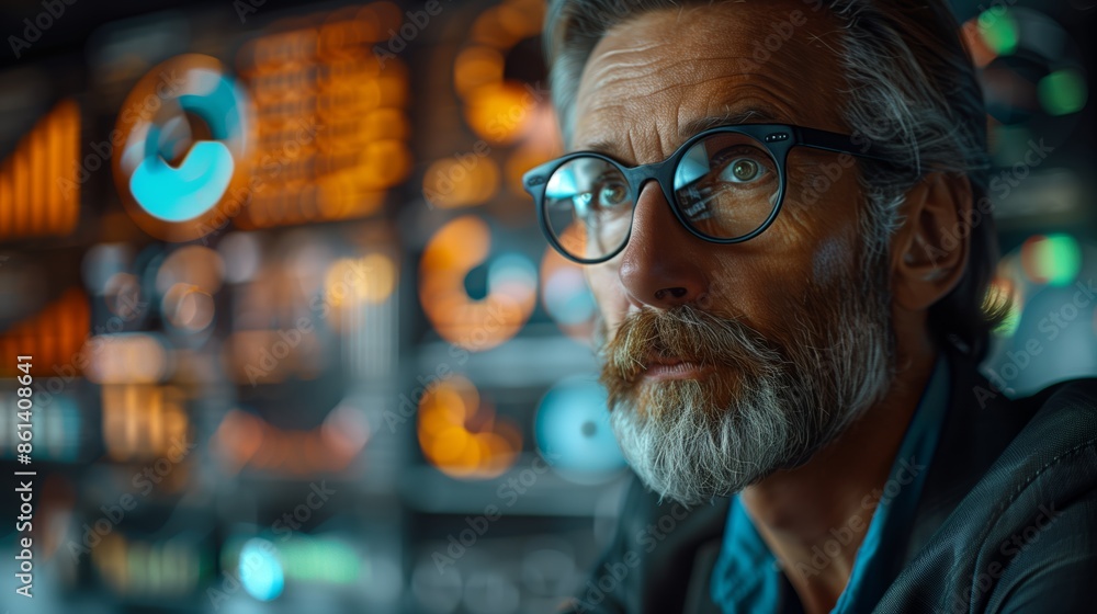 A Focused Man With Grey Hair and Glasses Contemplating Data A Focused Man With Grey Hair and Glasses Contemplating Data