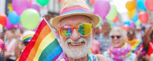 Elderly man with rainbow sunglasses and hat celebrates at a vibrant pride parade, holding a rainbow flag and smiling joyously.