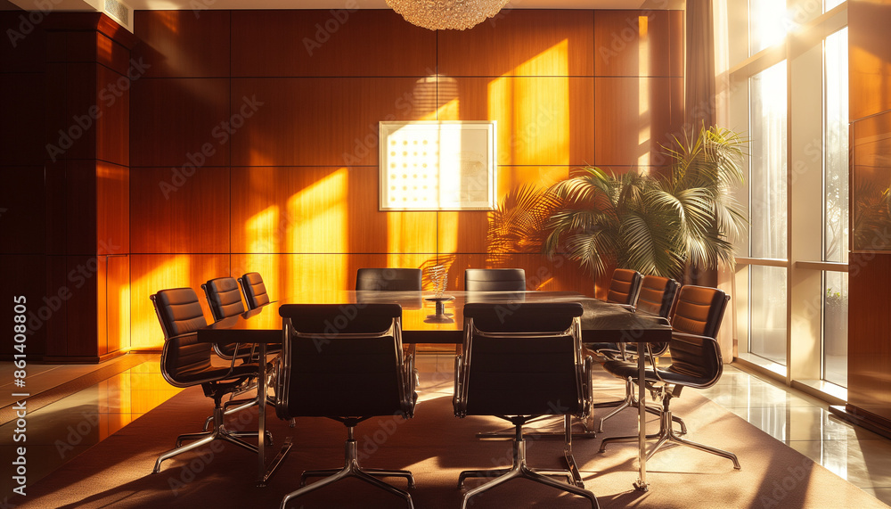 Fototapeta premium A luxurious conference room bathed in golden sunlight with sleek furniture creating an inviting and professional atmosphere perfect for business meetings