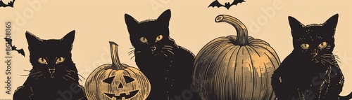 Vintage Halloween postcard featuring black cats and pumpkins, Retro, Illustration, Warm sepia tones