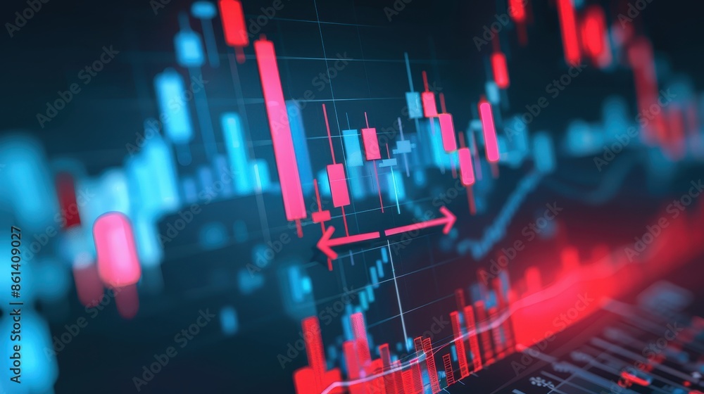 Displays a digital stock market chart with candlestick patterns, a ...