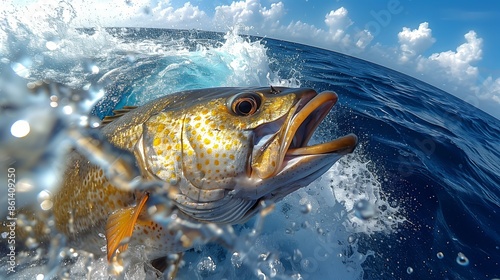 A vibrant photograph captures the dynamic moment as a yellow spotted fish breaches the ocean's surface