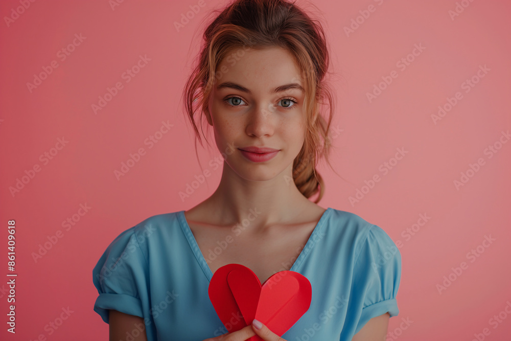 Young woman holding a red paper heart, symbolizing love and emotion, standing against a pink background with a serene expression Young woman holding a red paper heart, symbolizing love and emotion, standing against a pink background with a serene expression
