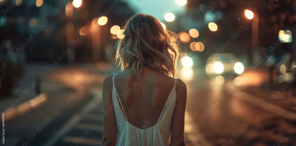 Woman in white dress standing back view on blurred dark street background. Woman in white dress standing back view on blurred dark street background.