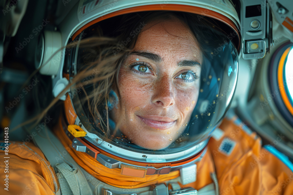 A woman in a spacesuit, smiling radiantly, peers out the window of a commercial space shuttle, her face filled with the awe and wonder of interstellar travel A woman in a spacesuit, smiling radiantly, peers out the window of a commercial space shuttle, her face filled with the awe and wonder of interstellar travel