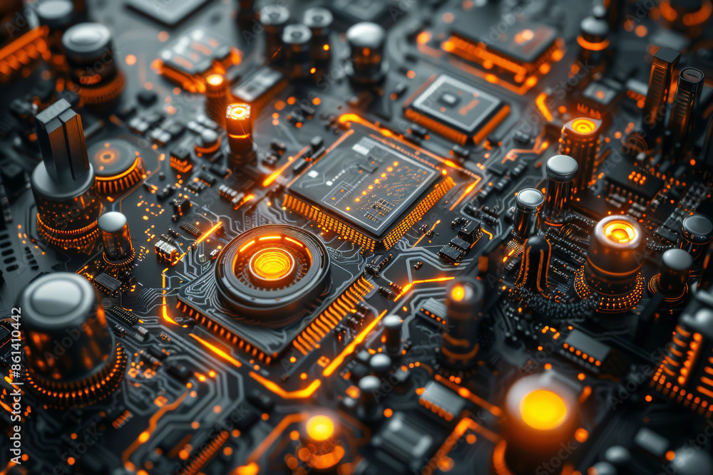 Сlose-up view of a modern, innovative microchip, illuminated with a warm orange glow, integrated within a complex circuit board, semiconductor industry Сlose-up view of a modern, innovative microchip, illuminated with a warm orange glow, integrated within a complex circuit board, semiconductor industry
