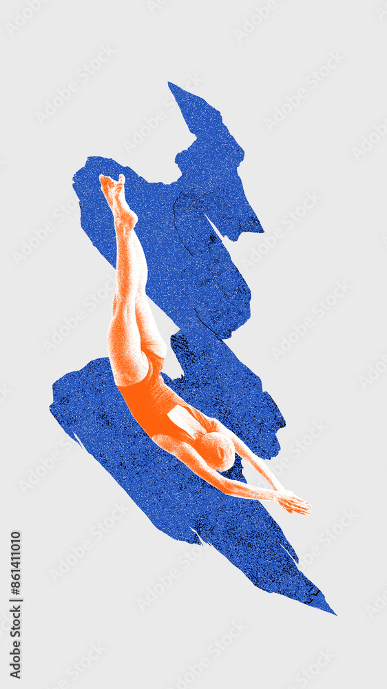 Female swimmer diving isolated on white background with blue abstract ...