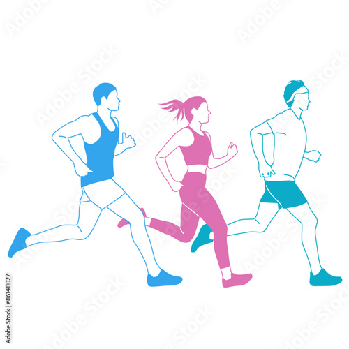 Men and woman running, different colors, cartoon characters, people silhouettes, flat icon design concept, hand drawn vector illustration isolated on white background