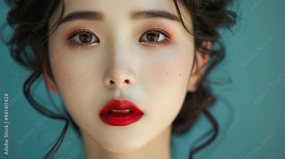 Korean woman with makeup, red lips blush on, eye liner Korean woman with makeup, red lips blush on, eye liner