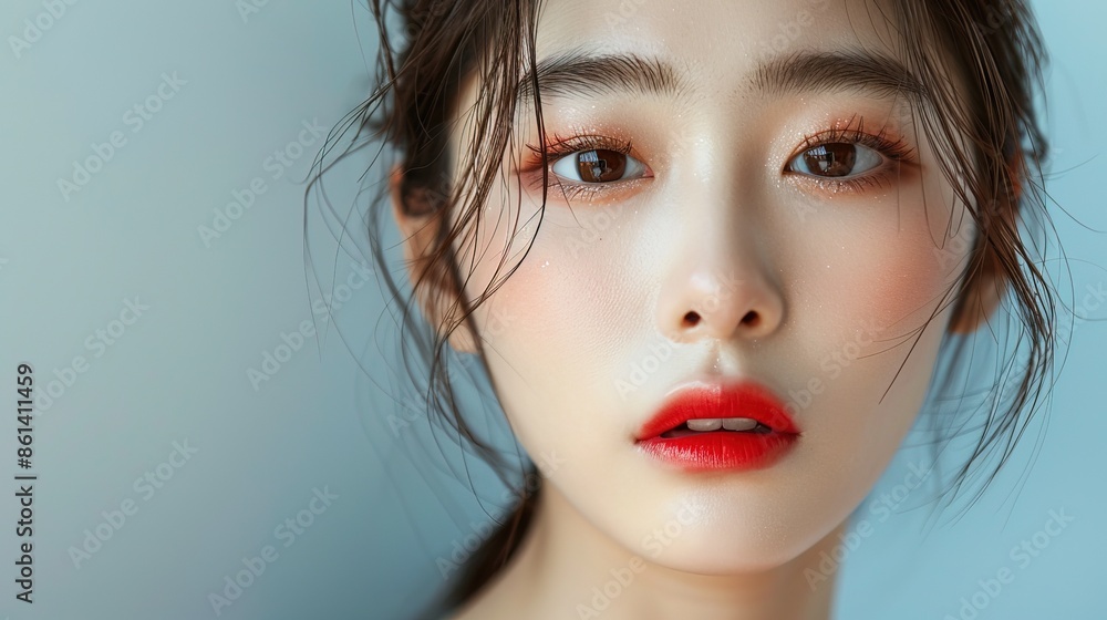 Korean woman with makeup, red lips blush on, eye liner Korean woman with makeup, red lips blush on, eye liner